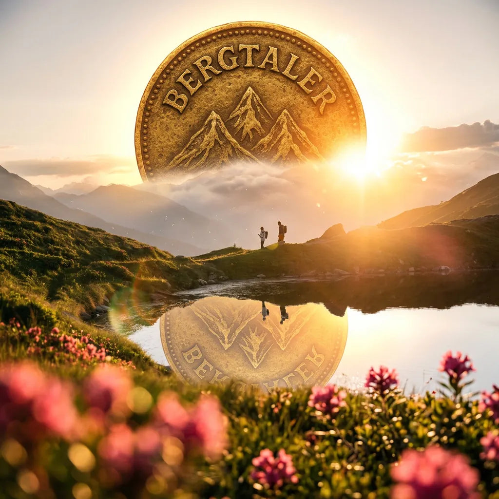 Goldene Bergtaler-Münze über Alpenlandschaft mit Wanderern und Bergsee im Sonnenuntergang