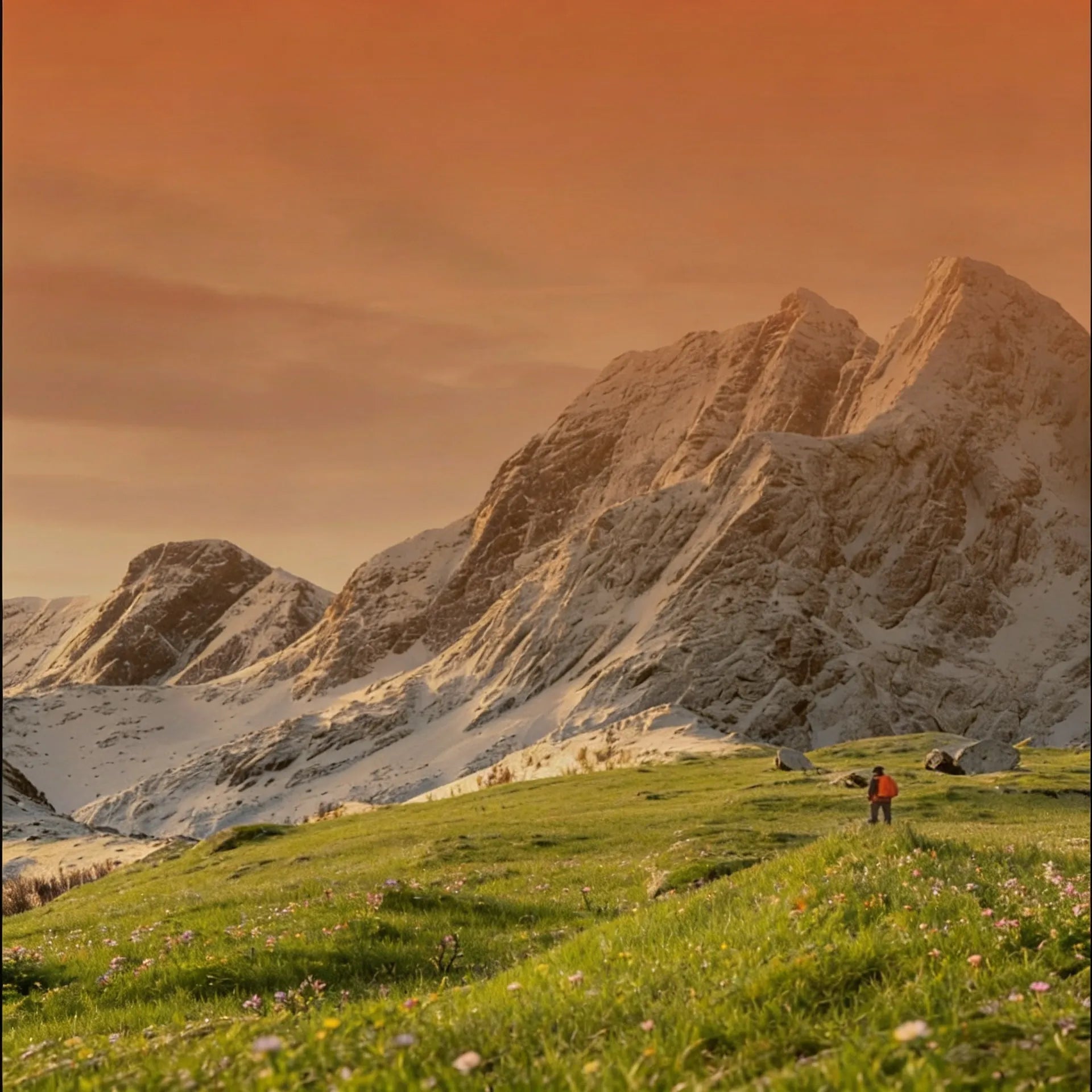 Bergkulisse mit grüner Blumenwiese