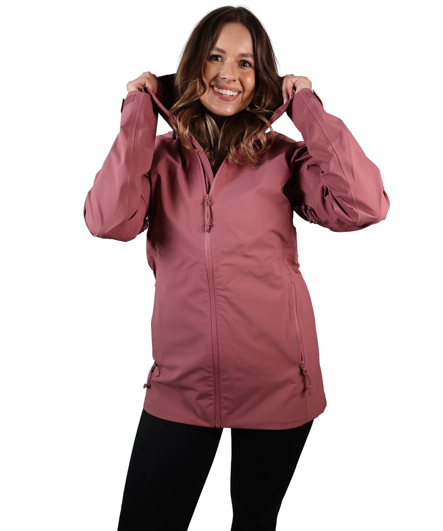 Frontansicht der Bergmensch 3-Lagen Regenjacke Damen in Hibiskus