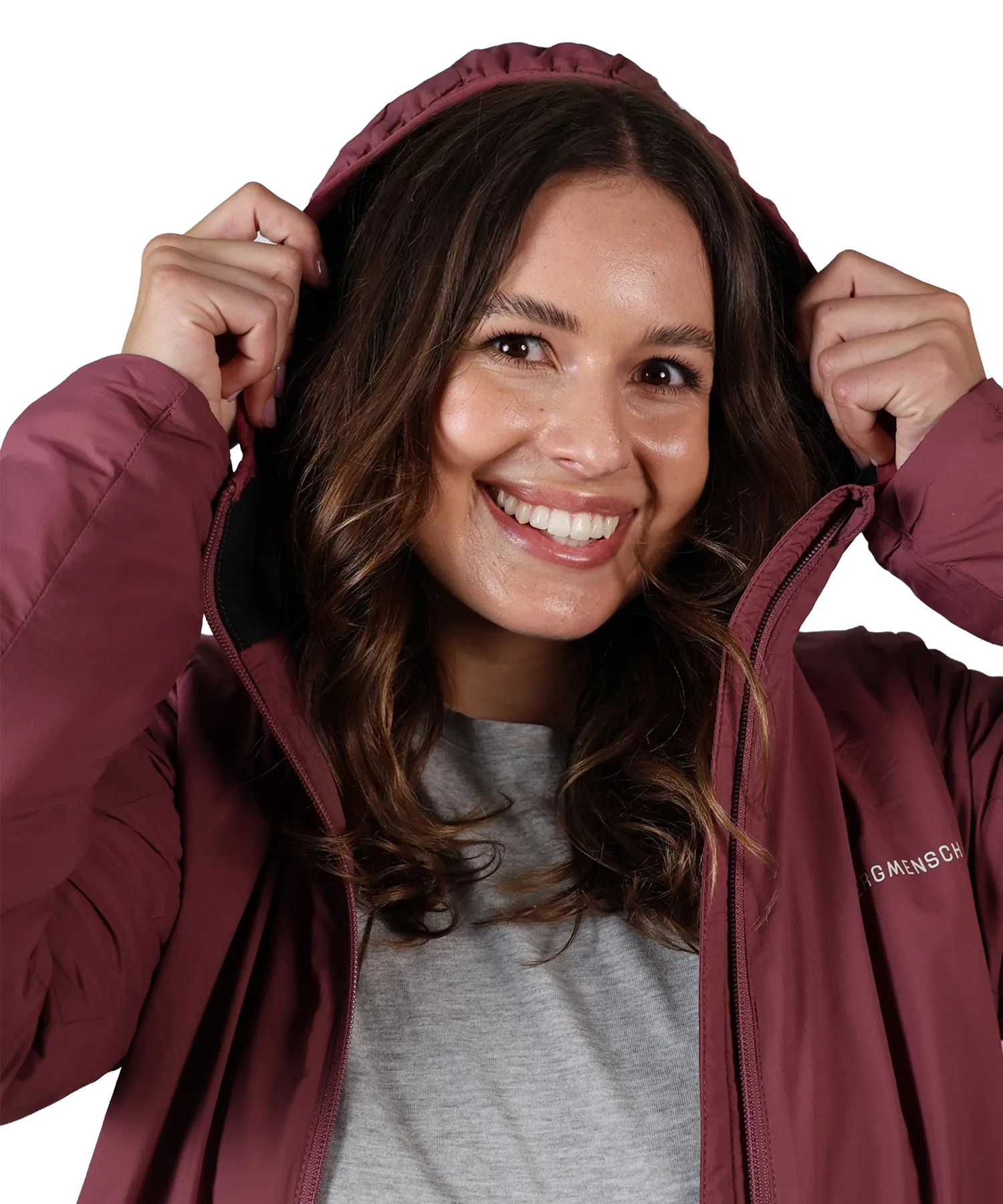 Detailansicht Kapuze Bergmensch Damen Thermolite Jacke in Hibiskus