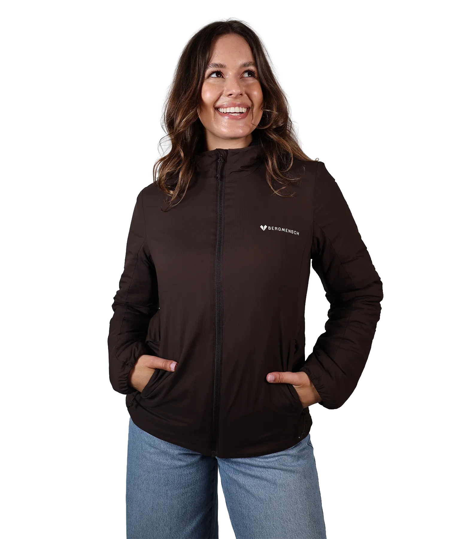 Frontansicht Bergmensch Damen Thermolite Jacke in Dark Chocolate