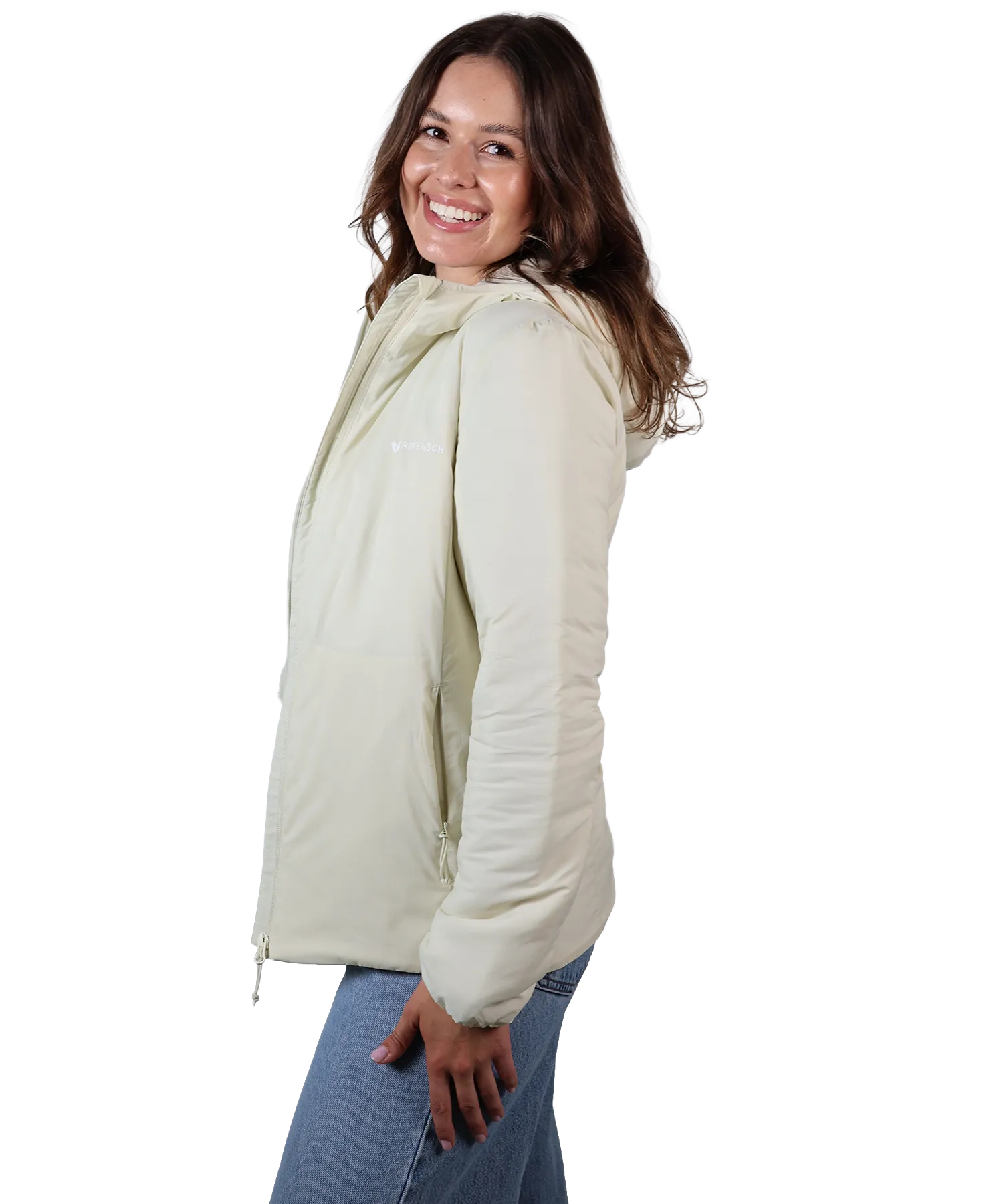 Seitenansicht Bergmensch Damen Thermolite Jacke in Whitecap Grey