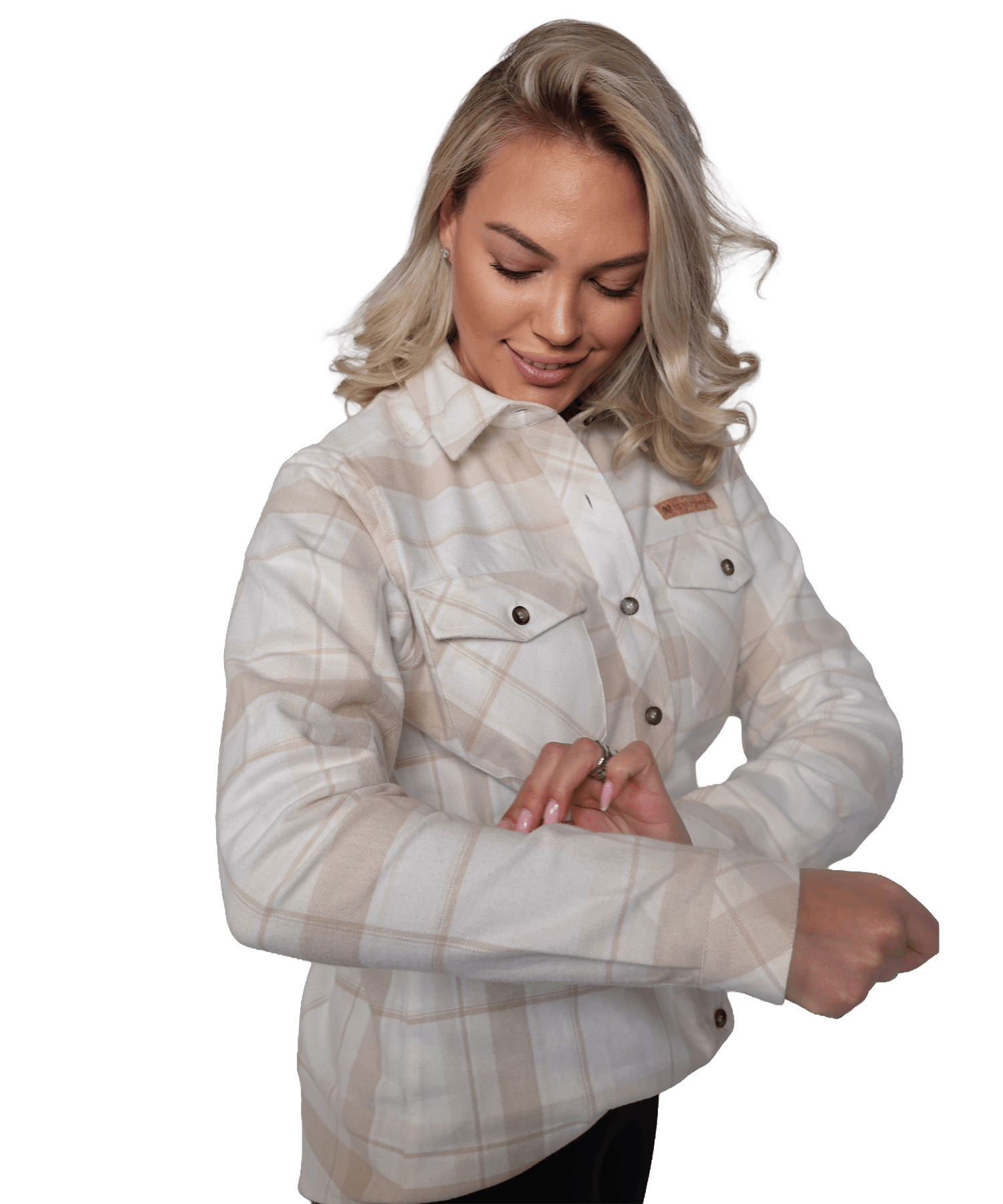 Model trägt das BERGMENSCH Flanell Overshirt Damen in der Farbe Whitecap Grey
