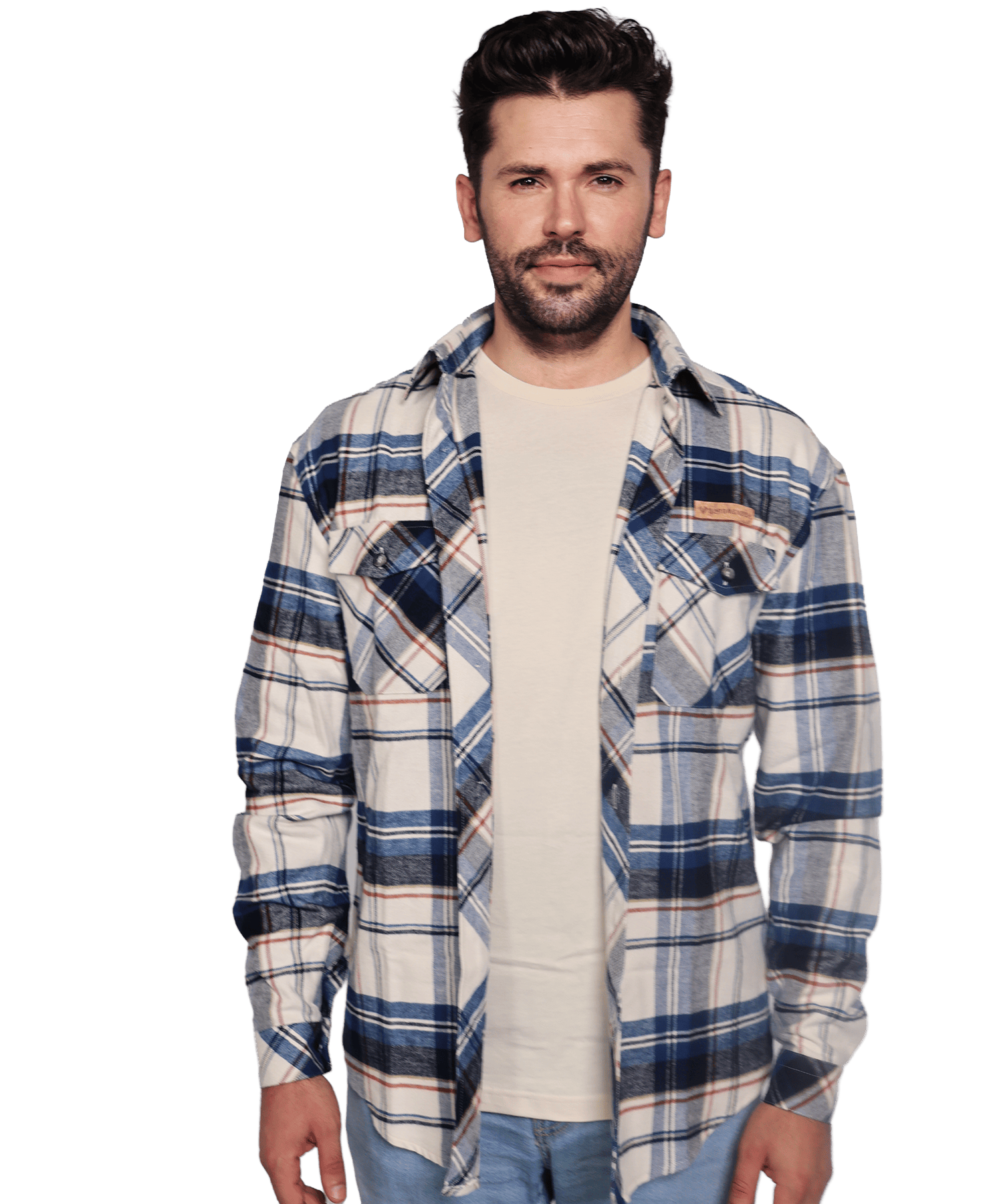 Model trägt das BERGMENSCH Flanell Overshirt Herren in der Farbe Blue