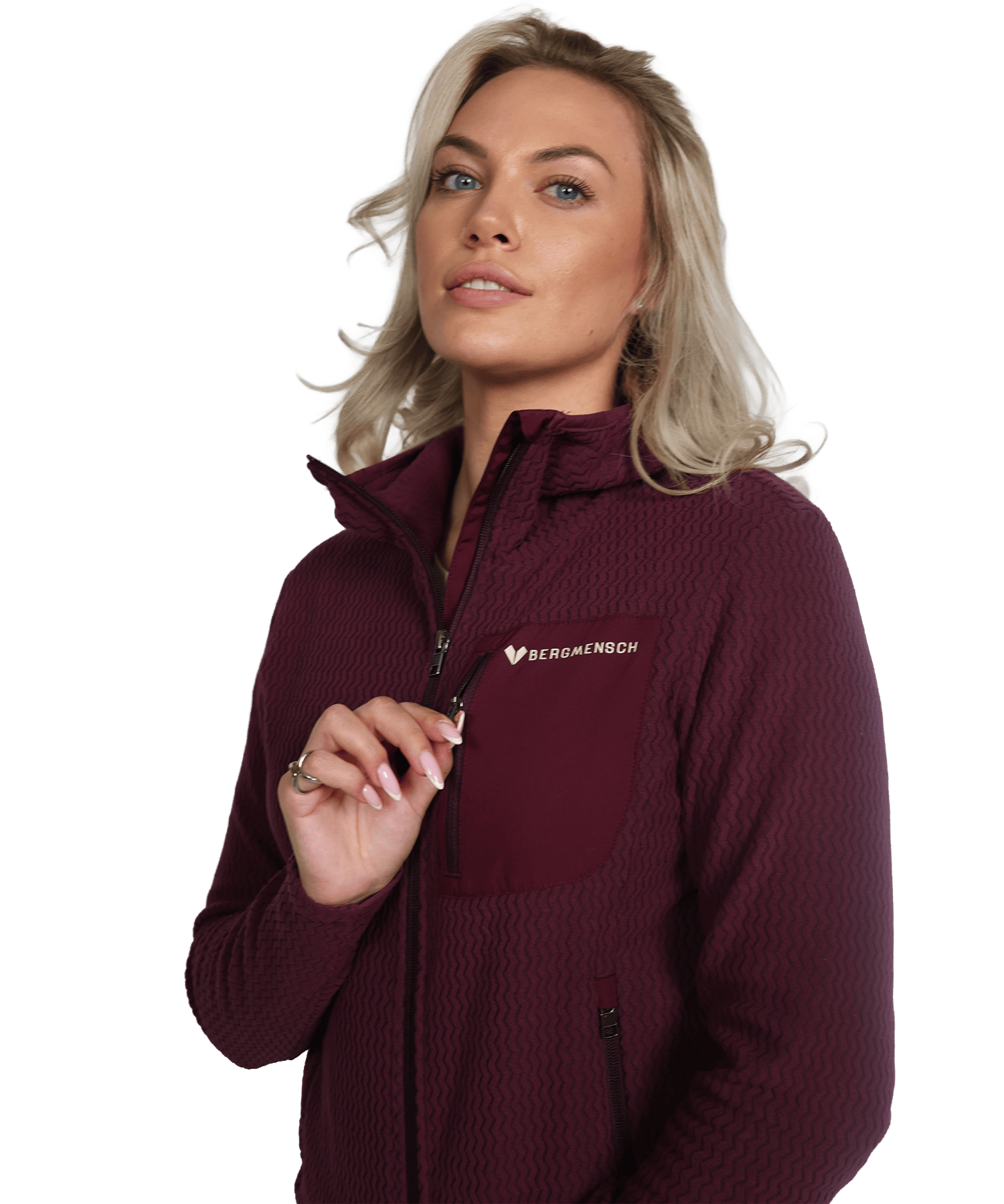 Model trägt den BERGMENSCH AirGrid - Damen Full-Zip Hoodie in der Farbe Burgundy