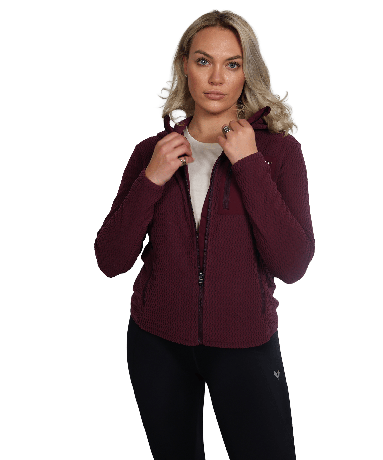 Model trägt den BERGMENSCH AirGrid - Damen Full-Zip Hoodie in der Farbe Burgundy