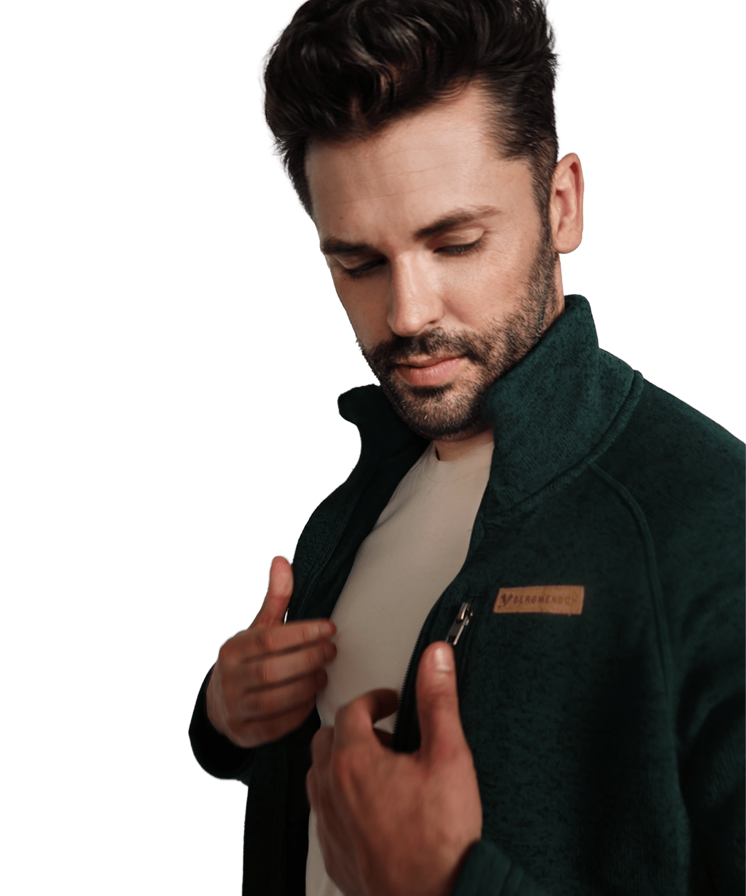 Detailansicht der BERGMENSCH Herren Strickfleece Jacke in der Farbe Piniengrün