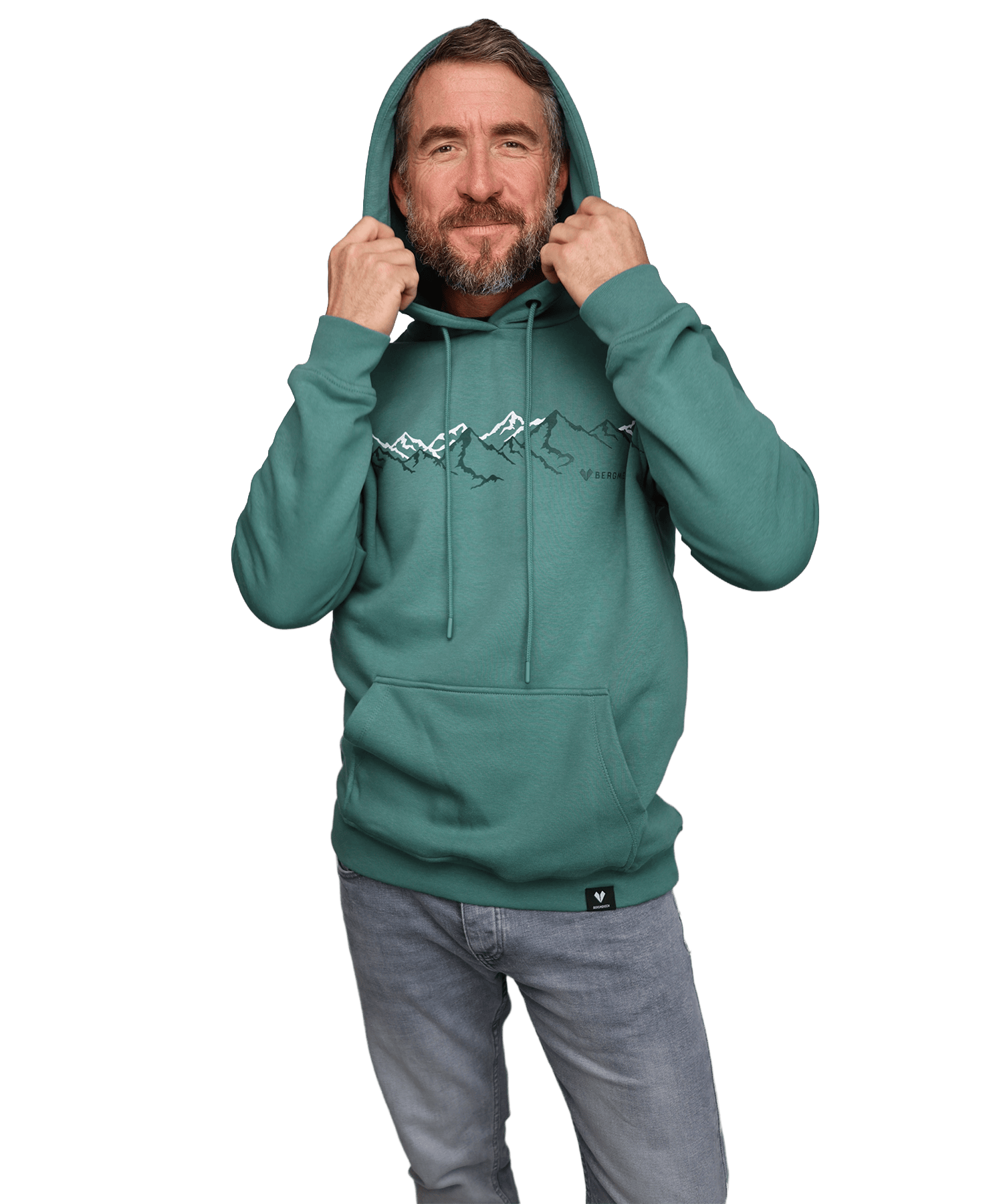 Model trägt den Berglinien - Unisex Premium Organic Hoodie in der Farbe Deep Lake