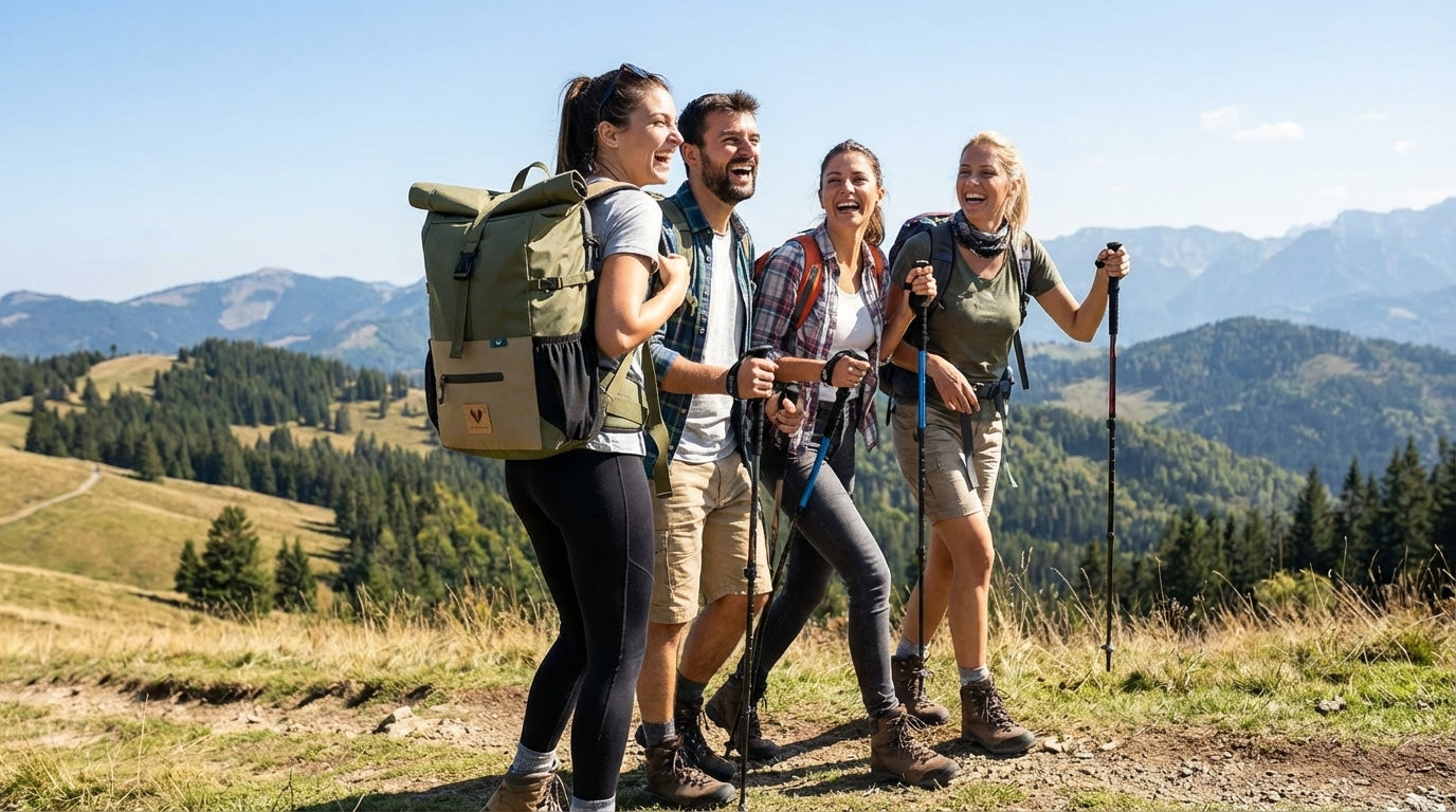 Gepackter Wanderrucksack mit Ausrüstung für Tagestouren.
