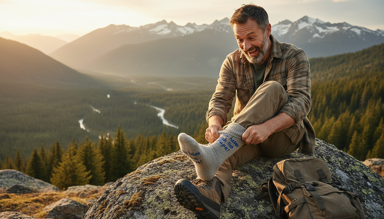Selbstgebastelte Wandergeschenke auf Holztisch mit Wald im Hintergrund.