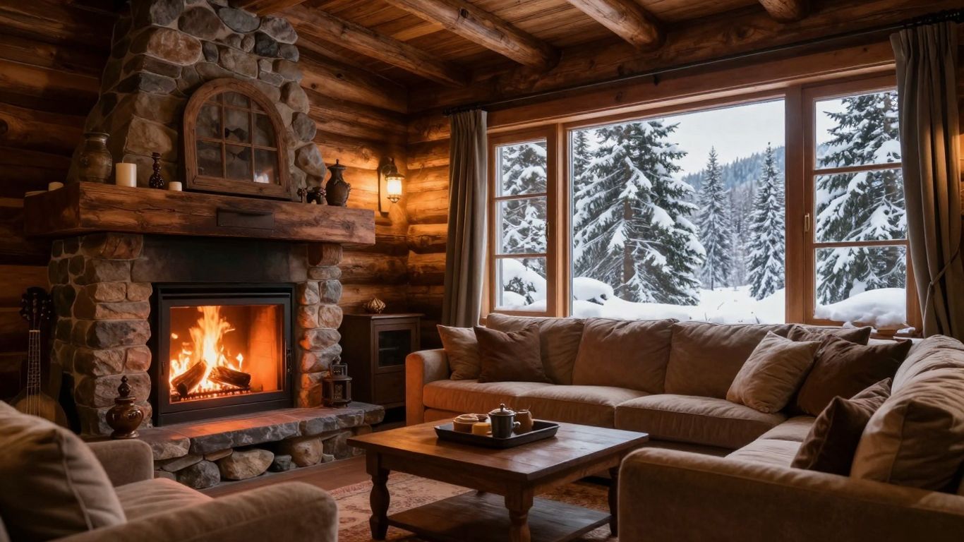 Gemütliches Hütteninterieur mit Kamin und Holzdekor.