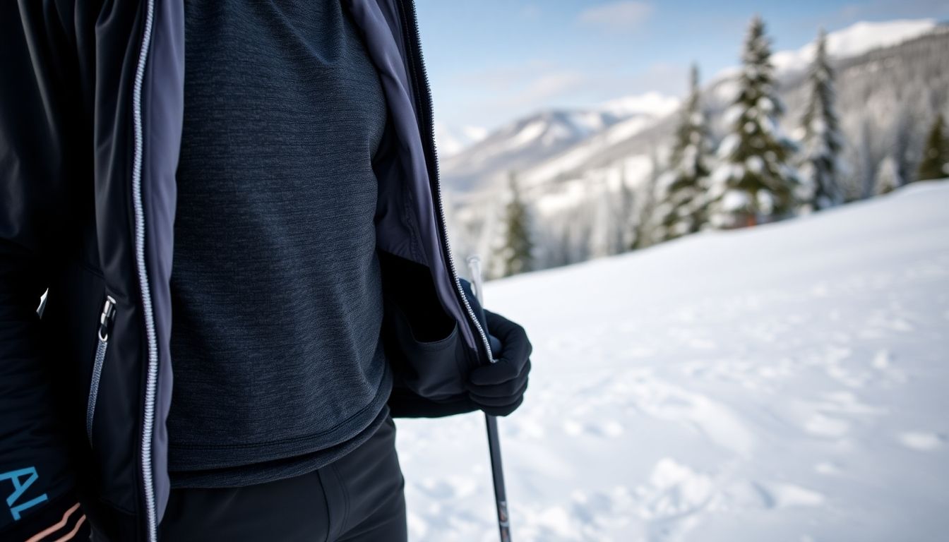 Skifahrer mit Schichtkleidung unter geöffneter Skijacke im Schnee