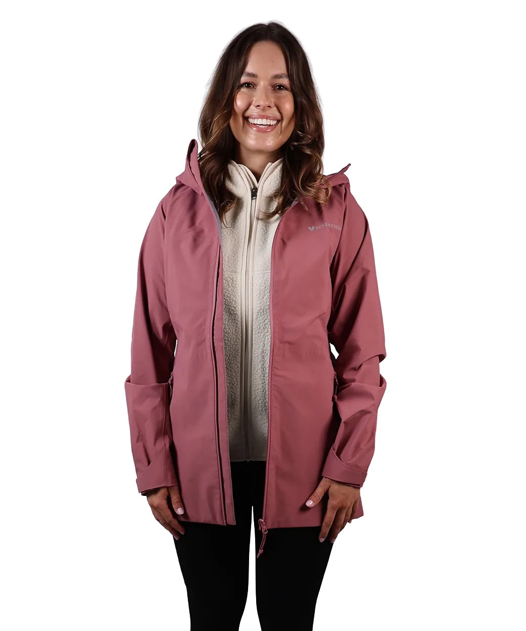 Frontansicht Bergmensch Regenjacke Hibiskus 
