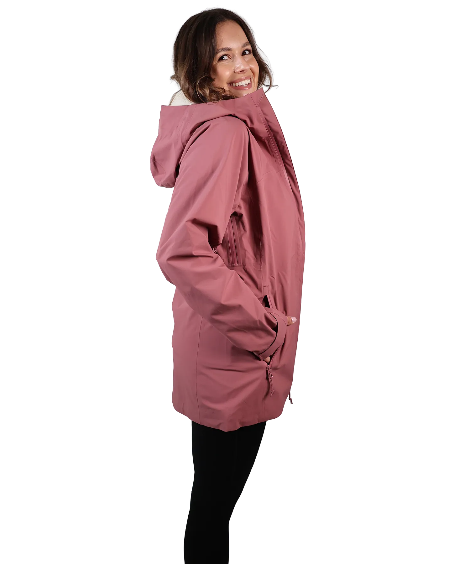 Seitenansicht der Bergmensch 3-Lagen Regenjacke Damen in Hibiskus