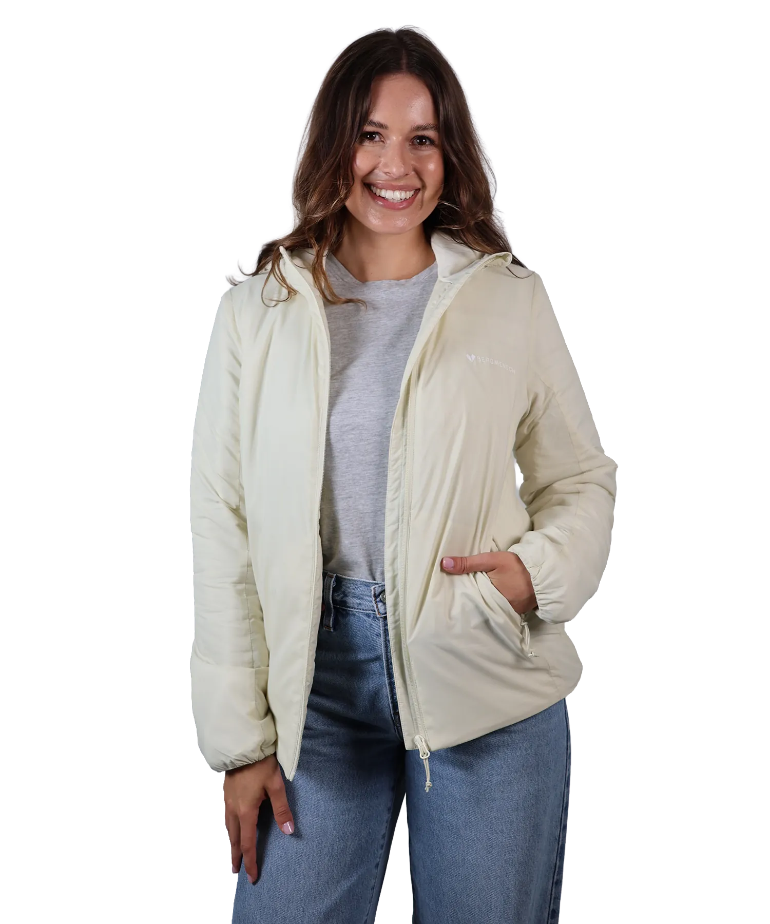 Frontansicht Bergmensch Damen Thermolite Jacke in Whitecap Grey