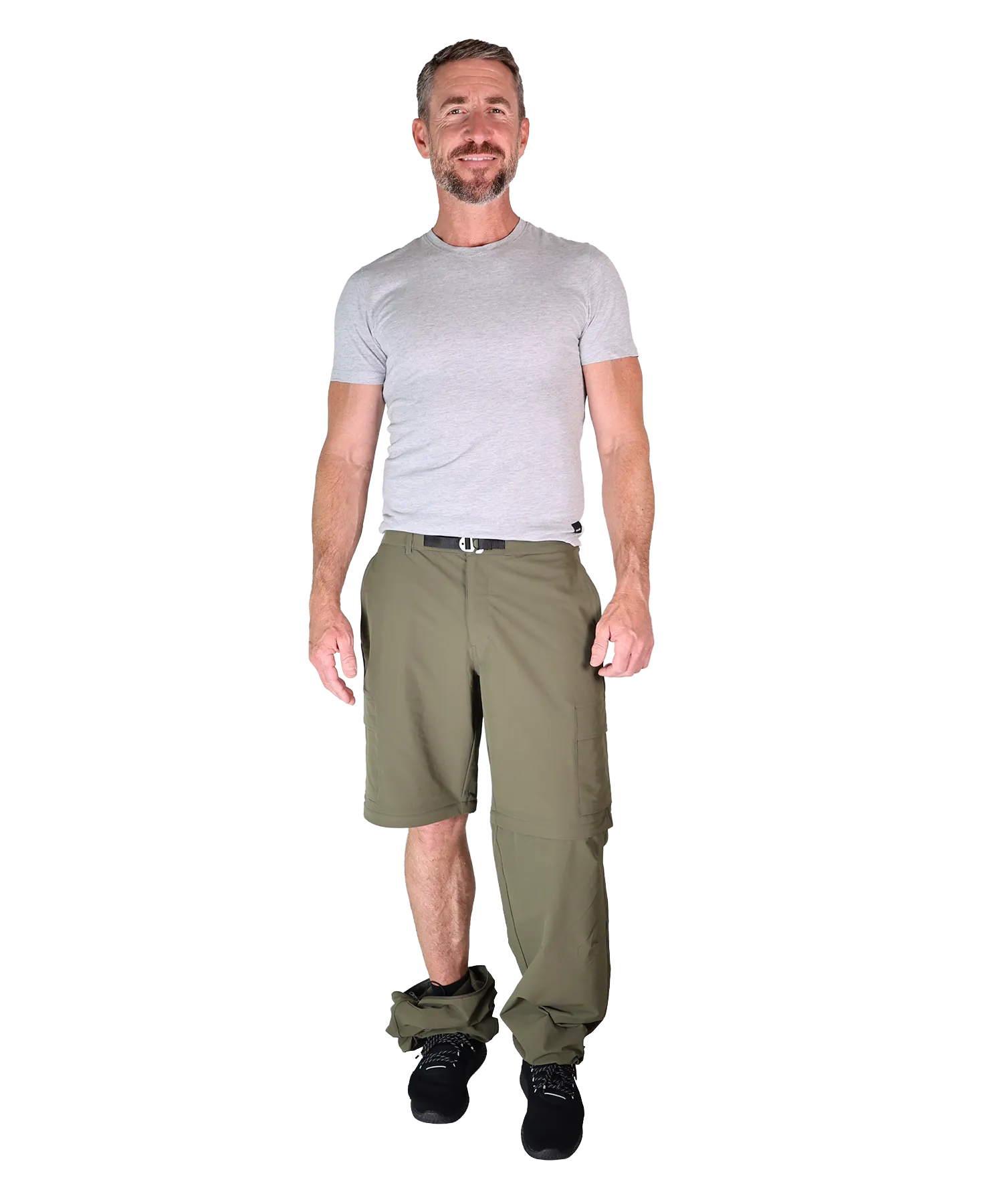 Bergmensch Herren zip off Wanderhose Frontansicht ein Bein unten der Farbe Winter Moss 