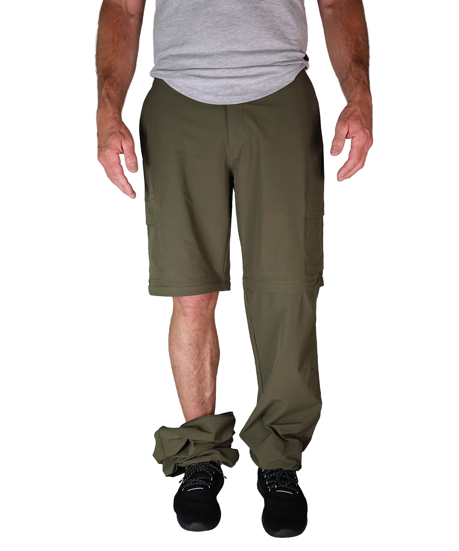 Bergmensch Herren zip off Wanderhose Frontansicht ein Bein unten der Farbe Winter Moss 