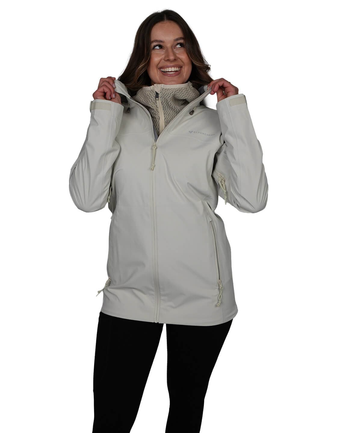 Seitenansicht der BERGMENSCH Damen 3-Lagen Regenjacke in der Farbe Beige