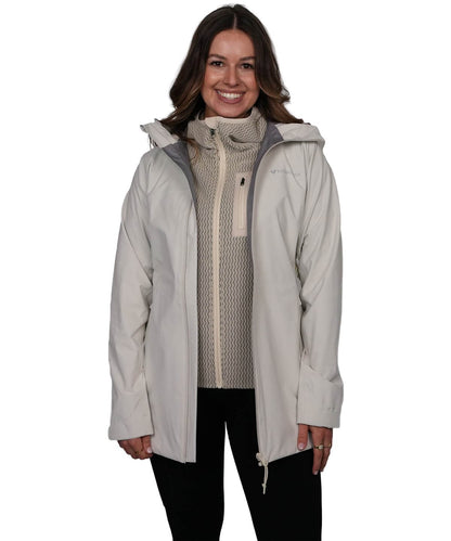 Vorderansicht der BERGMENSCH Damen 3-Lagen Regenjacke in der Farbe Beige