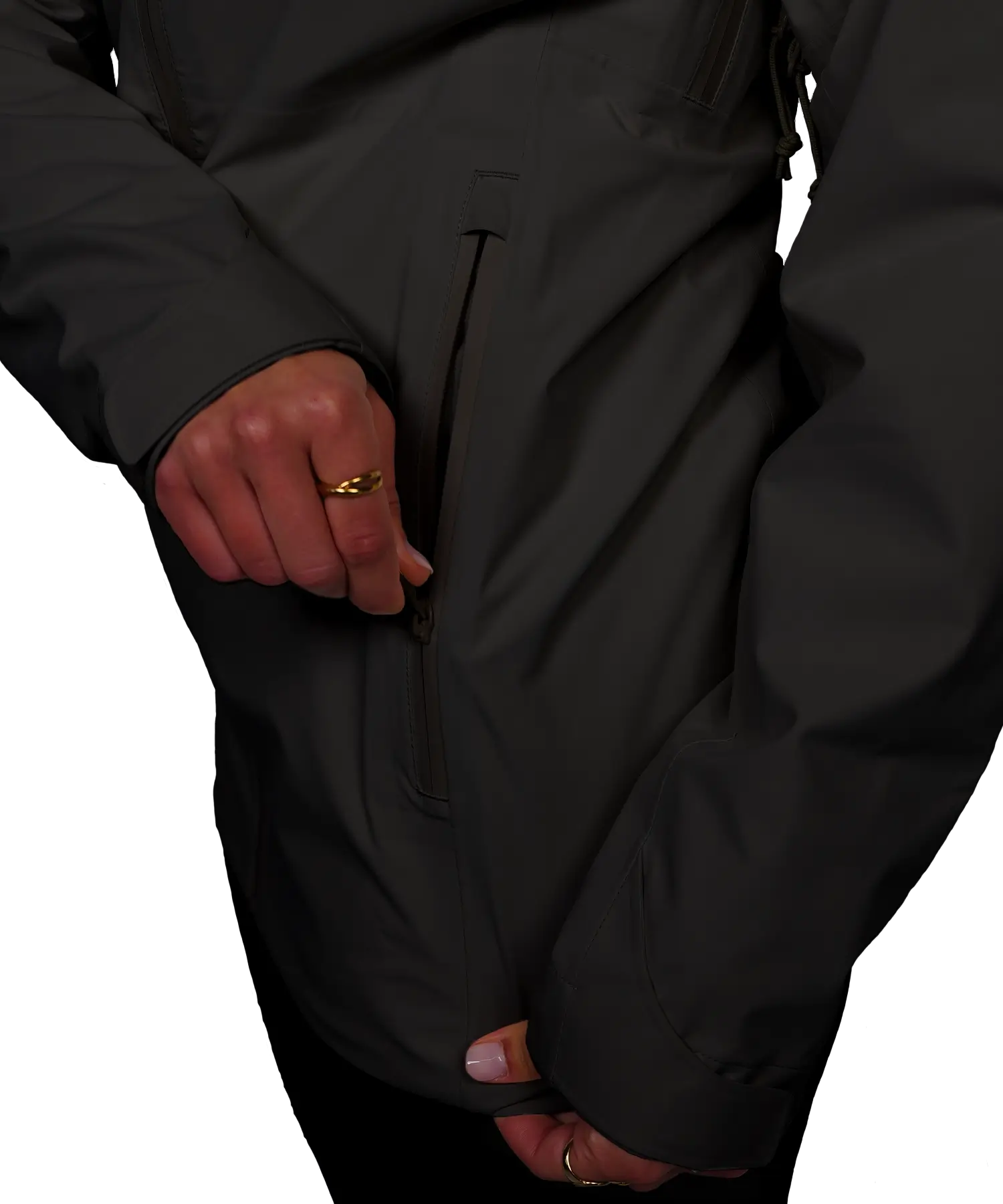 Detailansicht Reißverschluss der BERGMENSCH Damen 3-Lagen Regenjacke in der Farbe Black