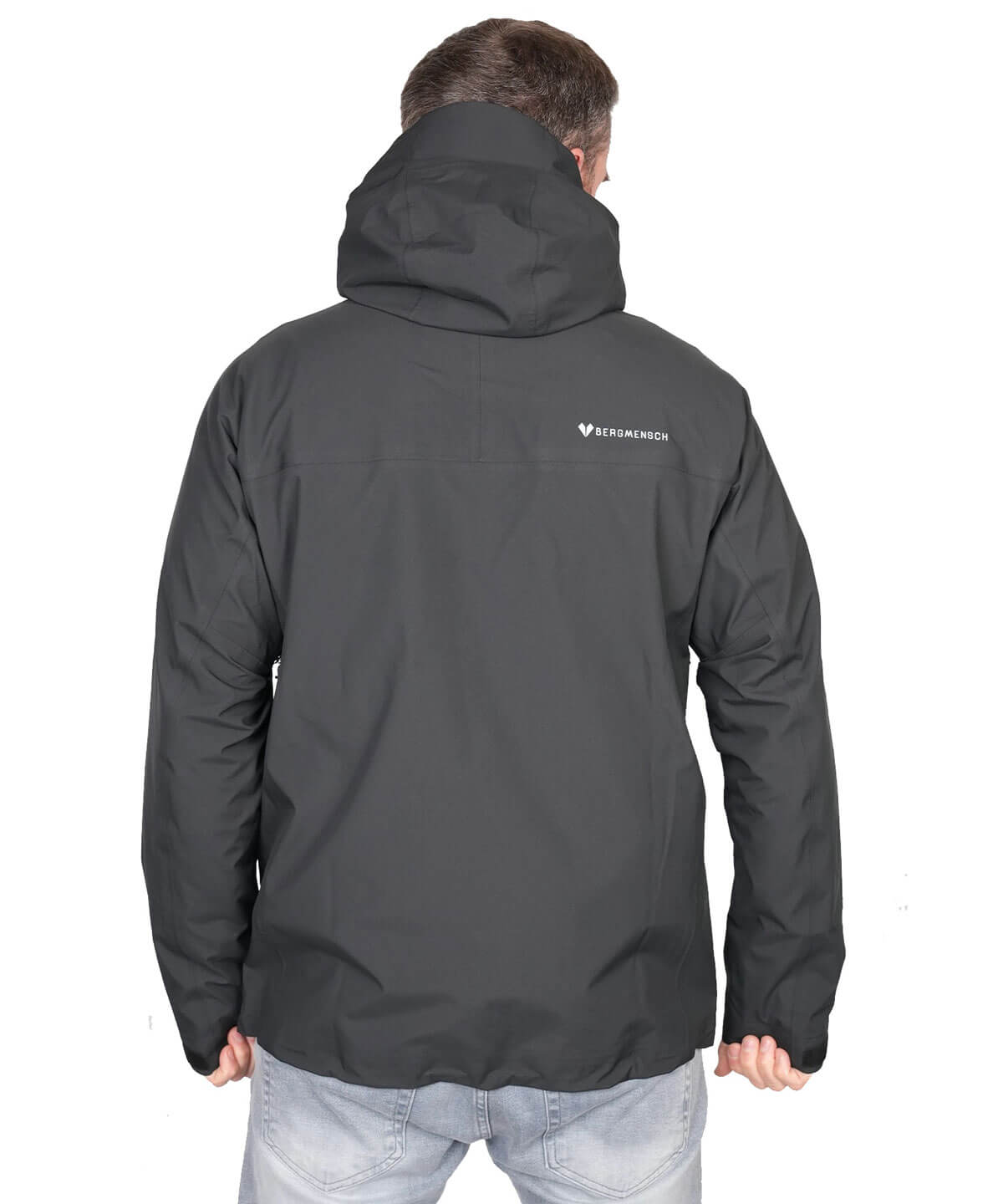 Rückansicht der BERGMENSCH Herren 3-Lagen Regenjacke in der Farbe Black