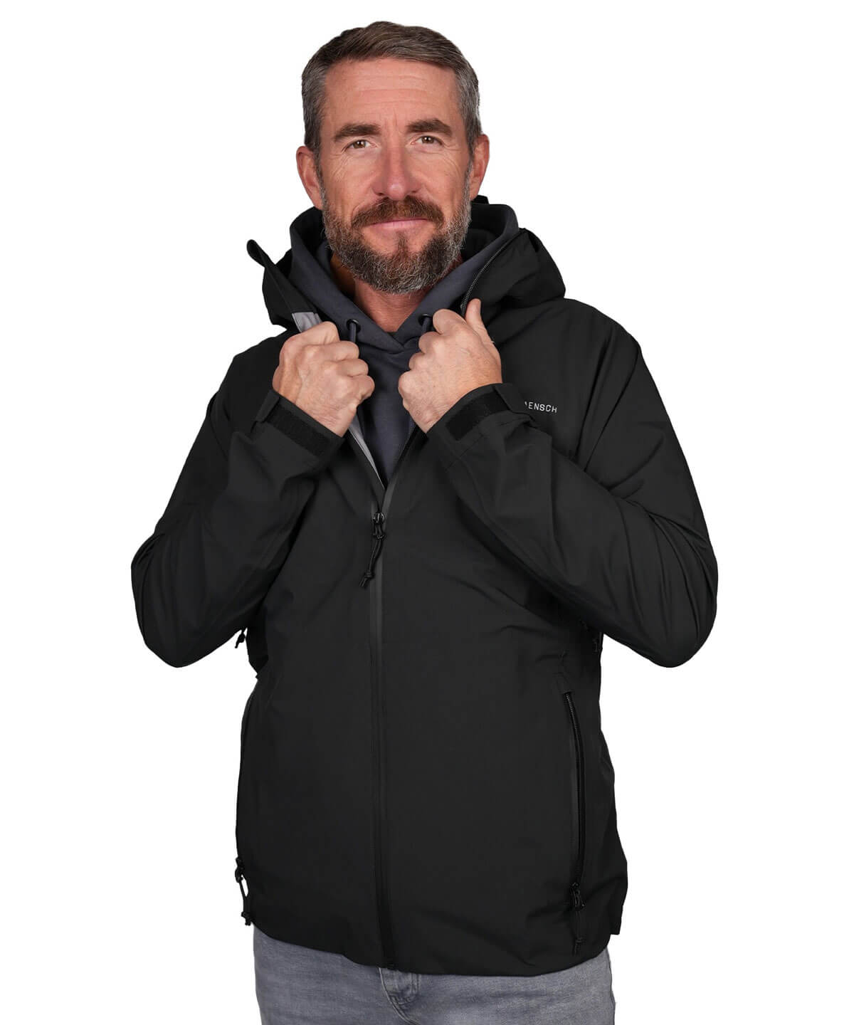 Vorderansicht der BERGMENSCH Herren 3-Lagen Regenjacke in der Farbe Black